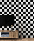 Checkered Peel And Stick Wallpaper Black And White For Kitchen Backsplash And Cabinets Decor in space with cabinet and TV.