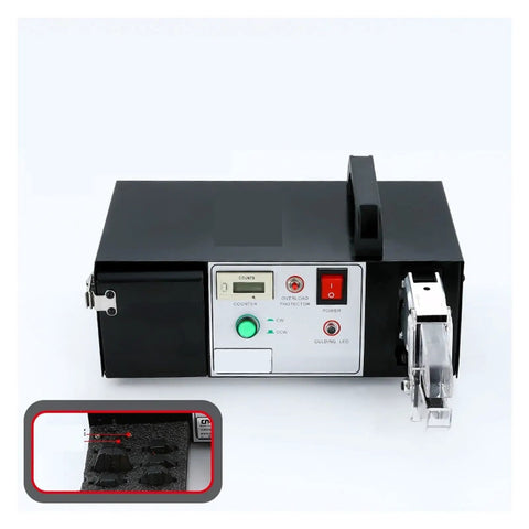 Professional Electric Terminal Crimping Tool And Automatic Wire Stripper Combo with trigger, buttons, and a sleek design.