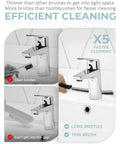 Front view of SXhyf crevice cleaning brush attached to chrome faucet; long bristles for grout cleaning