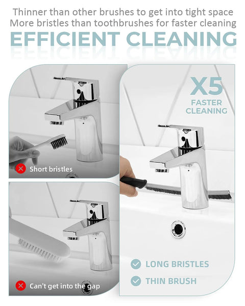 Front view of SXhyf crevice cleaning brush attached to chrome faucet; long bristles for grout cleaning
