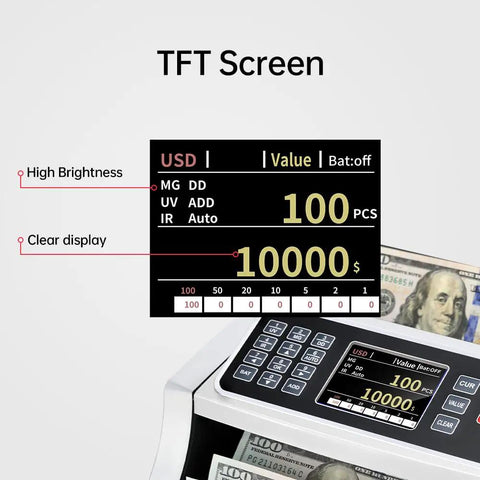 BM6520 Money Counter Machine With UV MG IR DD Counterfeit Detector And Batch Add, 1300 Bills Per Minute, 3.5 Inch Color TFT Display