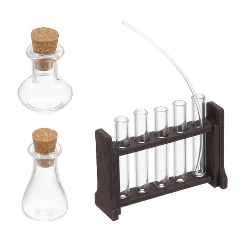 1/12 Scale Dollhouse Miniature Glass Test Tube Kit With Wooden Rack Brown Color Decorative Lab Gear For Dollhouse Science Scene And Tiny Desktop Lab Decor