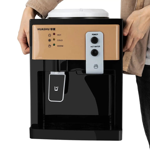 Hot And Cold Tabletop Water Dispenser With Three Temperature Settings Fits 1.2, 3, And 5 Gallon Bottles, person holding appliance