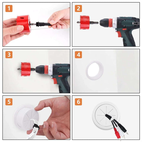 4-pack TV cord hider kit for wall-mounted TVs; includes 4 pass-throughs, hole saw drill attachment and 10 cable ties