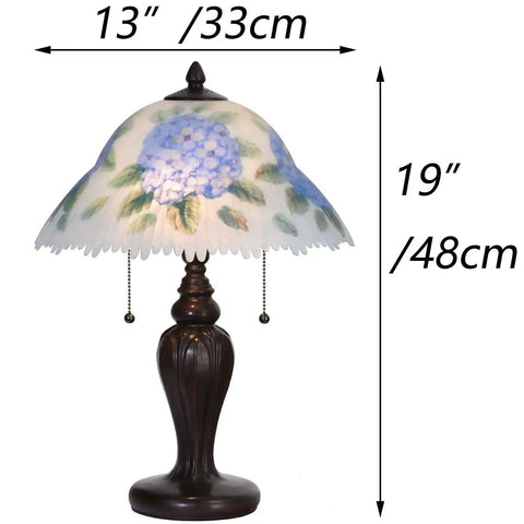 Hand Painted Hydrangea Glass Table Lamp With Metal Base In Blue, Two E26 Bulbs Not Included, 13 Inches Wide By 19 Inches Tall
