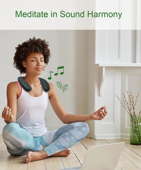 Woman meditating at home wearing Wireless Neckband Speaker With 360 Degree Surround Sound And No Lag For Gaming And TV, 12 Hour Battery