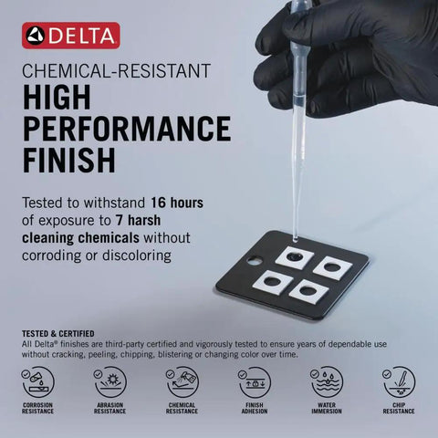 Matte Black 8 Inch Widespread Bathroom Faucet chemical resistance test with pipette and chemical-resistant finish demonstration.