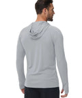 Back view of gray Men's Hooded Rash Guard Long Sleeve UPF 50 Plus Sun Protection For Fishing And Beach Wear Quick Dry Breathable Shirt XL