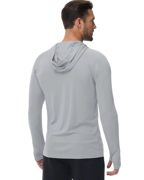 Back view of gray Men's Hooded Rash Guard Long Sleeve UPF 50 Plus Sun Protection For Fishing And Beach Wear Quick Dry Breathable Shirt XL