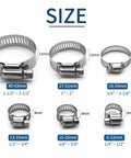 Six stainless steel hose clamps in sizes 40-63mm, 27-51mm, 19-29mm, 13-19mm, 10-16mm, and 6-12mm, displayed in a grid.