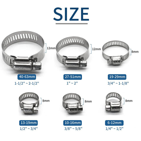Six stainless steel hose clamps in sizes 40-63mm, 27-51mm, 19-29mm, 13-19mm, 10-16mm, and 6-12mm, displayed in a grid.