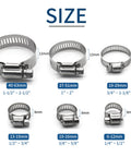 Six sizes of 10 Pack Stainless Steel Hose Clamps for One and a Half Inch to Two and a Half Inch Tubing and Pipe Worm Gear Metal