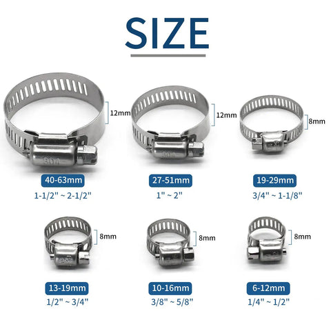 Variety of 25 Pack Heavy Duty Stainless Steel Hose Clamps Set Three Quarter Inch To One And One Eighth Inch Worm Gear Metal Clamps sizes