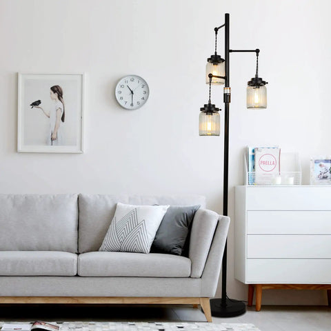 Industrial Farmhouse Floor Lamp With Three Glass Shades, Tall Standing Lamp With Dimmable Switch, Sturdy Black Base