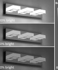 Display showing dimmable LED vanity light at 100%, 60%, and 30% brightness levels for bathroom settings.