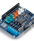 Dual H-Bridge Motor Shield Rev 3 for four DC motors or two stepper motors, 1.2A per channel, shown up close, ideal for robotics projects.