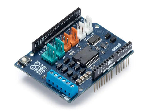 Dual H-Bridge Motor Shield Rev 3 for four DC motors or two stepper motors, 1.2A per channel, shown up close, ideal for robotics projects.