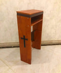 Side view of Folding Wooden Prayer Kneeler Bench For Home Or Church Space Saving Kneeler With Fold Up Tabletop And Bible Shelf