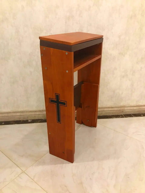 Side view of Folding Wooden Prayer Kneeler Bench For Home Or Church Space Saving Kneeler With Fold Up Tabletop And Bible Shelf