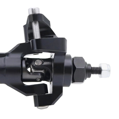 Close-up of CNC Aluminum Front Straight Axle Kit for 1/10 RC Crawlers, showing black anodized hubs and high-pinion gearing.