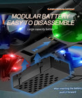 Modular battery compartment of Big Power 2.4GHz RC Plane showing LED lights and easy disassembly instructions.