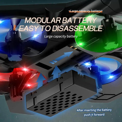 Modular battery compartment of Big Power 2.4GHz RC Plane showing LED lights and easy disassembly instructions.