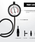 PESIKO 6-Piece vacuum pressure gauge kit with 24-inch rubber hose and adapters; front view