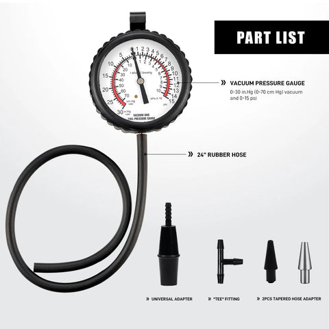 PESIKO 6-Piece vacuum pressure gauge kit with 24-inch rubber hose and adapters; front view