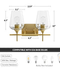 Two Light Brushed Gold Vanity Light With Clear Glass Shades dimensions and bulb compatibility