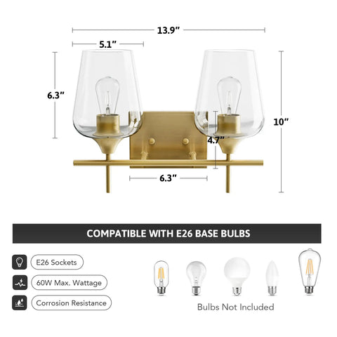 Two Light Brushed Gold Vanity Light With Clear Glass Shades dimensions and bulb compatibility