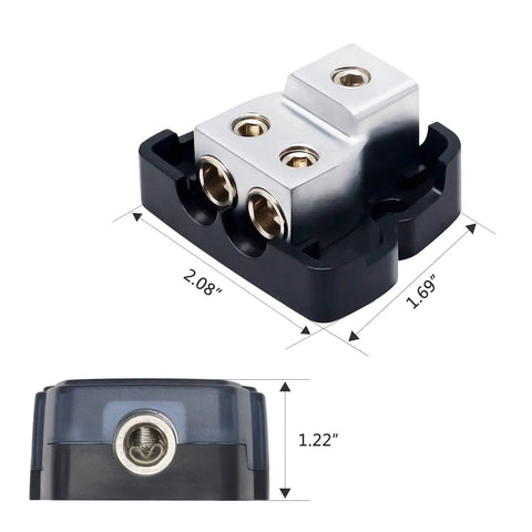 Two Way Car Audio Power Distribution Block Ground Distributor 2 Pack In 0, 2, 4 Gauge Out 4, 8 Gauge Zinc Die Cast Construction Marine Grade Satin Chrome Finish High Performance Power and Ground Splitter, 2.08 x 1.69 x 1.22 in