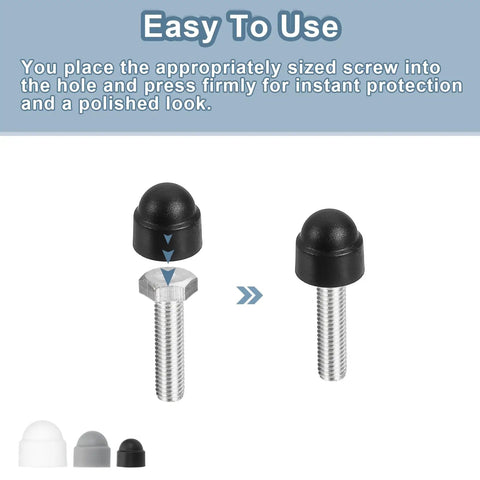20 Pack Black Plastic M8 Hex Nut Caps, Dome Acorn Bolt Covers, No Sweat Weatherproof Hex Head Protectors For Heavy Duty Rigging And Impeccable Equipment Finish demonstration of installation on a bolt.