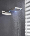 Slick Matte Black Shower System Featuring Rectangle LED Rainfall Head, wall-mounted rainfall with dynamic color lights, modern design.