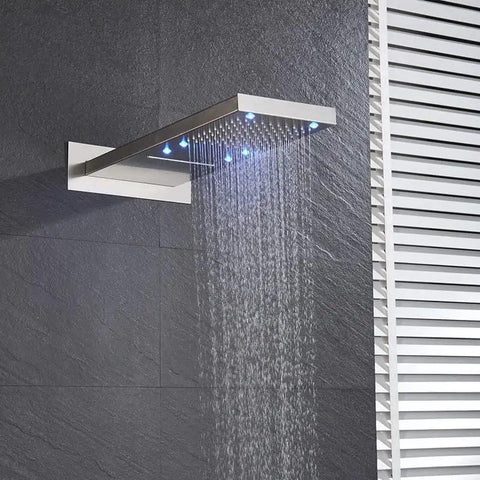 Slick Matte Black Shower System Featuring Rectangle LED Rainfall Head, wall-mounted rainfall with dynamic color lights, modern design.