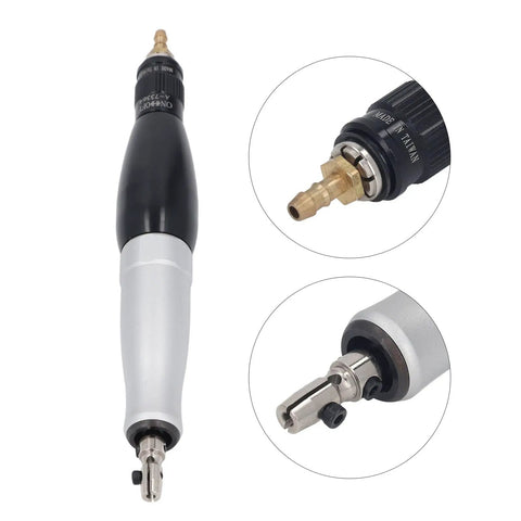 Heavy Duty Pneumatic Pencil Die Grinder with aluminum body and detailed air connectors for precision grinding at 8000 rpm.