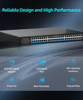 48 Port Gigabit PoE Switch Unmanaged With IEEE 802.3af/at PoE Plus Up To 400W Budget, 2x1G SFP Uplinks, desktop view