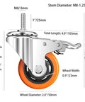 Diagram of Heavy Duty Stem Casters With PVC Wheels 2 Inch Brake Dual Locking M8 Stem 1 Inch For Home Office Industry.
