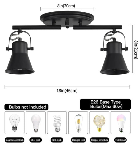 Two Light Black Track Lighting Kit With Adjustable Heads, Industrial Ceiling Spotlight Fixture dimensions for kitchen and living room