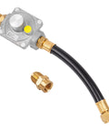 Gas pressure regulator with black hose, brass flare fittings, and included adapter.