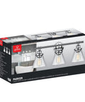Box of Parker 3-Light Vanity Light In Chrome With Clear Glass Shades, 24.63W x 11H, rustic modern updated vintage bath fixture.