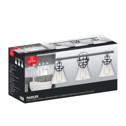 Box of Parker 3-Light Vanity Light In Chrome With Clear Glass Shades, 24.63W x 11H, rustic modern updated vintage bath fixture.