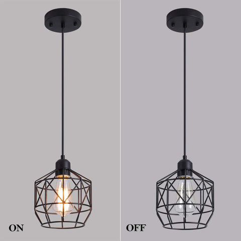 Industrial Pendant Light Fixture Black Basket Cage With E26 Base Rustic Farmhouse Ceiling Light, on and off view