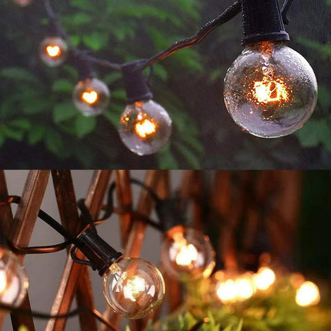 Outdoor String Lights 50Ft With 55 G40 Globe Bulbs Connectable string lights hanging in garden with warm glow and black wire