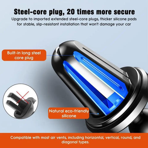 Straight Shooter Air Vent Phone Mount For Car Using Silent Mechanical Latch Reinforced Triangle Frame Holds Tight For Sure On Bumpy Roads, detailed view of steel-core plug and silicone pads.