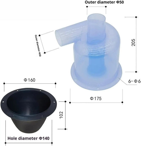 Heavy Duty Industrial Cyclone Dust Collector With 50Mm Hose Port showing dimensions, including Φ50 inlet and Φ140 hole diameter.