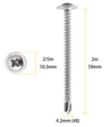Heavy Duty Self Tapping Screws 410 Stainless Steel 8 X 2 Inch For Metal And Wood 90 Piece Pack close-up view with dimensions