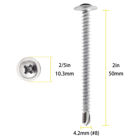 Heavy Duty Self Tapping Screws 410 Stainless Steel 8 X 2 Inch For Metal And Wood 90 Piece Pack close-up view with dimensions