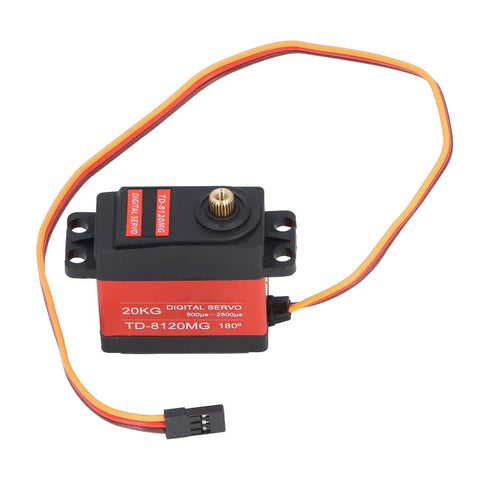 Professional Grade 20Kg High Torque Digital Metal Geared Servo Motor Built Like A Tank With Slick Tracking And Knockout Stability For RC Planes Drones And Custom Robots, showing metal gear and wiring.