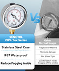 Go-To 30 InHg Vacuum Pressure Gauge With 2 Inch Dial, showing stainless steel case comparison with normal gauge.