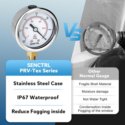 Go-To 30 InHg Vacuum Pressure Gauge With 2 Inch Dial, showing stainless steel case comparison with normal gauge.
